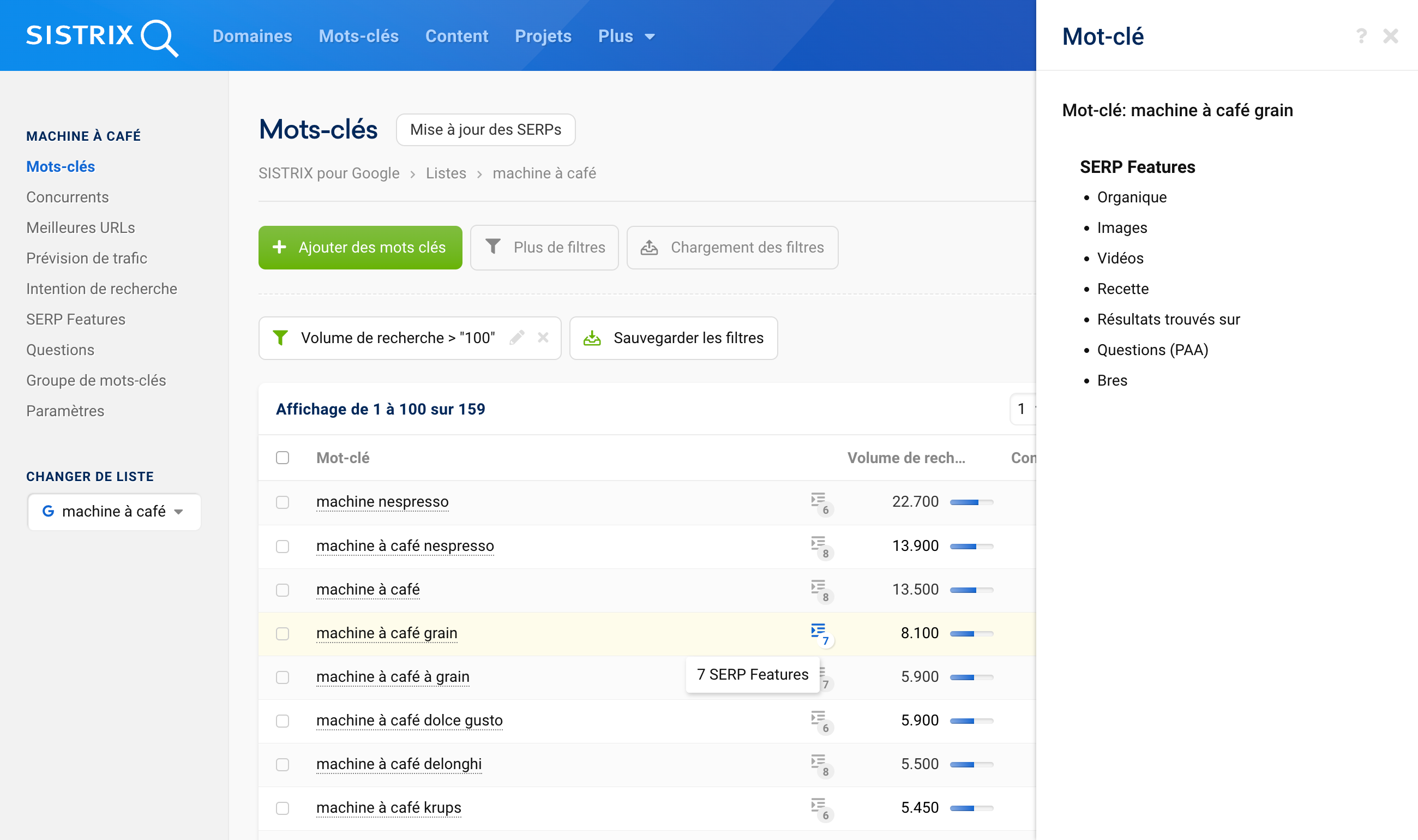 Fonctionnalité SERP Features disponible dans les listes de mots-clés