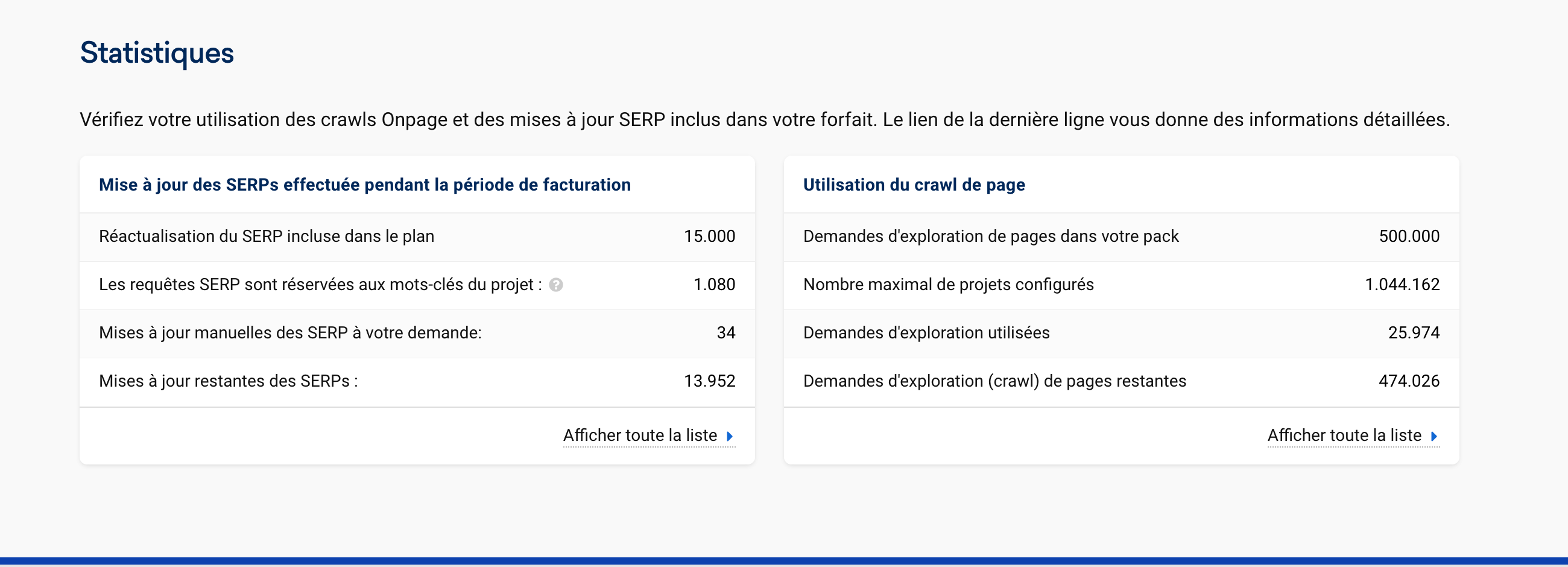 Section relative aux statistiques des projets dans la page récapitulative de tous les projets créés dans SISTRIX