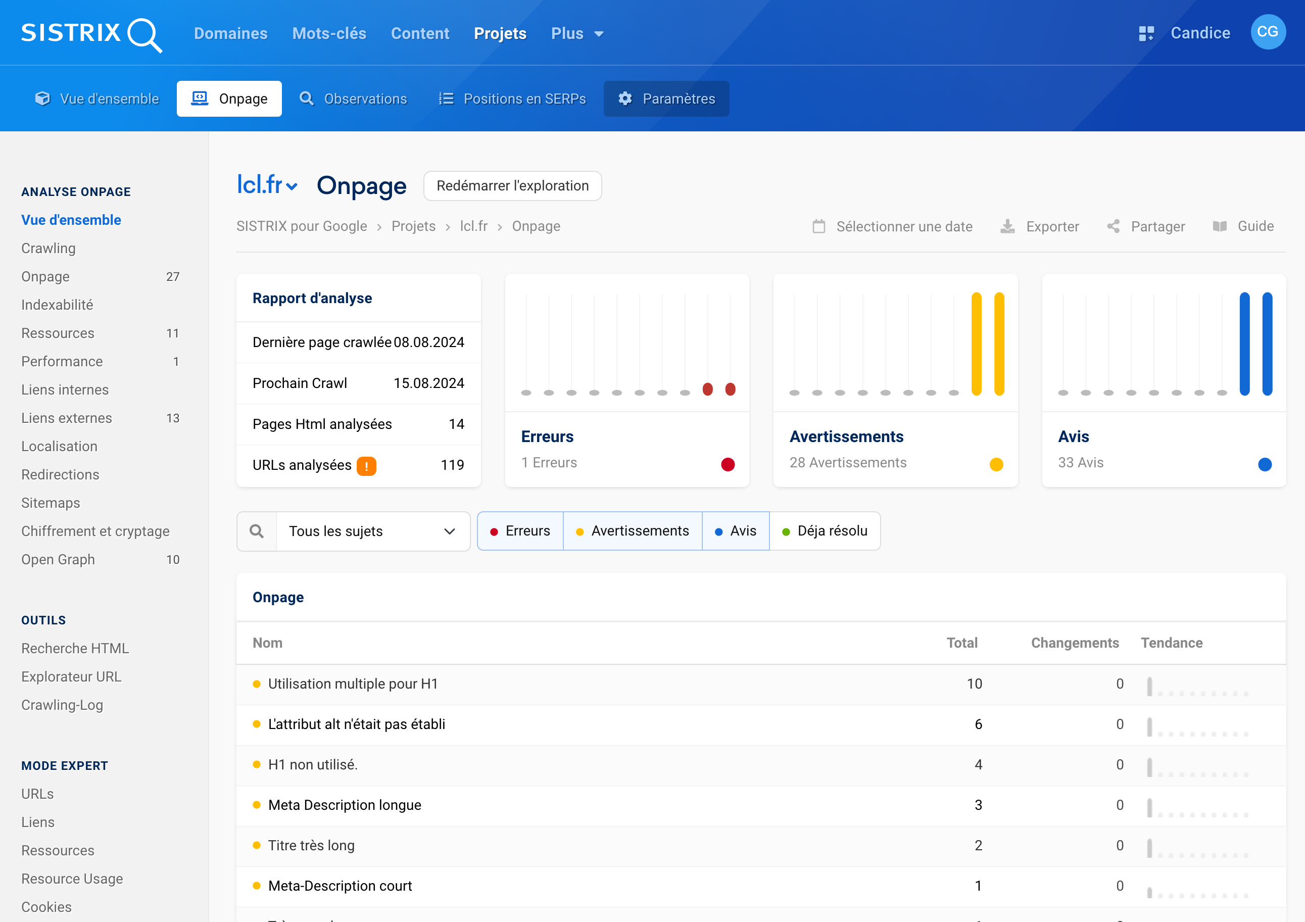 Tableau de bord Onpage dans un rapport SISTRIX