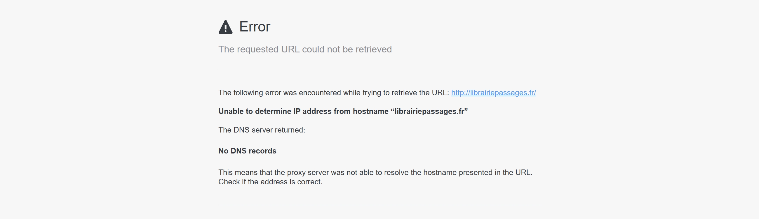 Erreur de DNS du domaine librairiepassages.fr